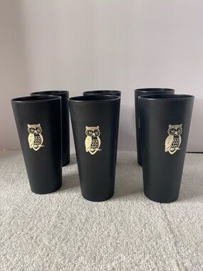 Vintage Black Plastic Glasses Cups Set of 6 wood grain gold owls Mcm mid century
